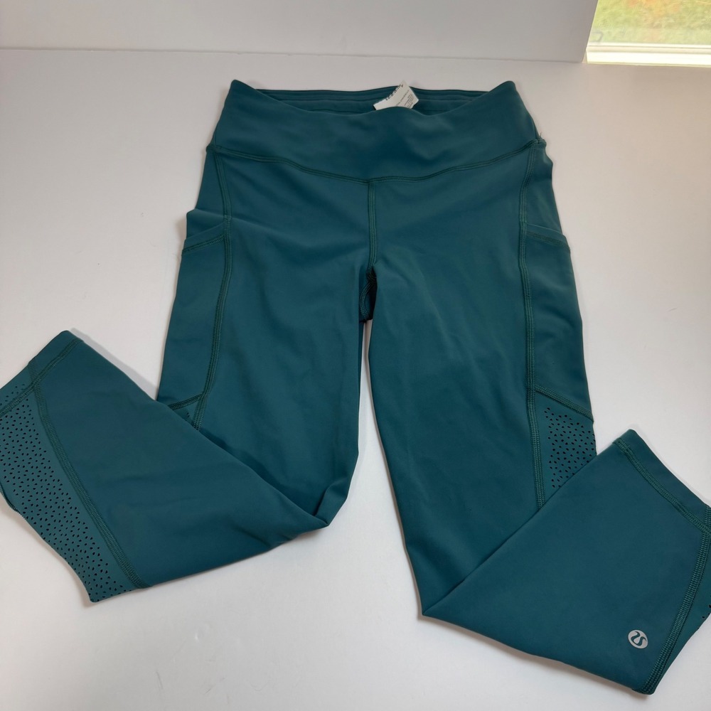 Lululemon Teal Green High Rise Crop Leggings with Pockets and Perforated Detail